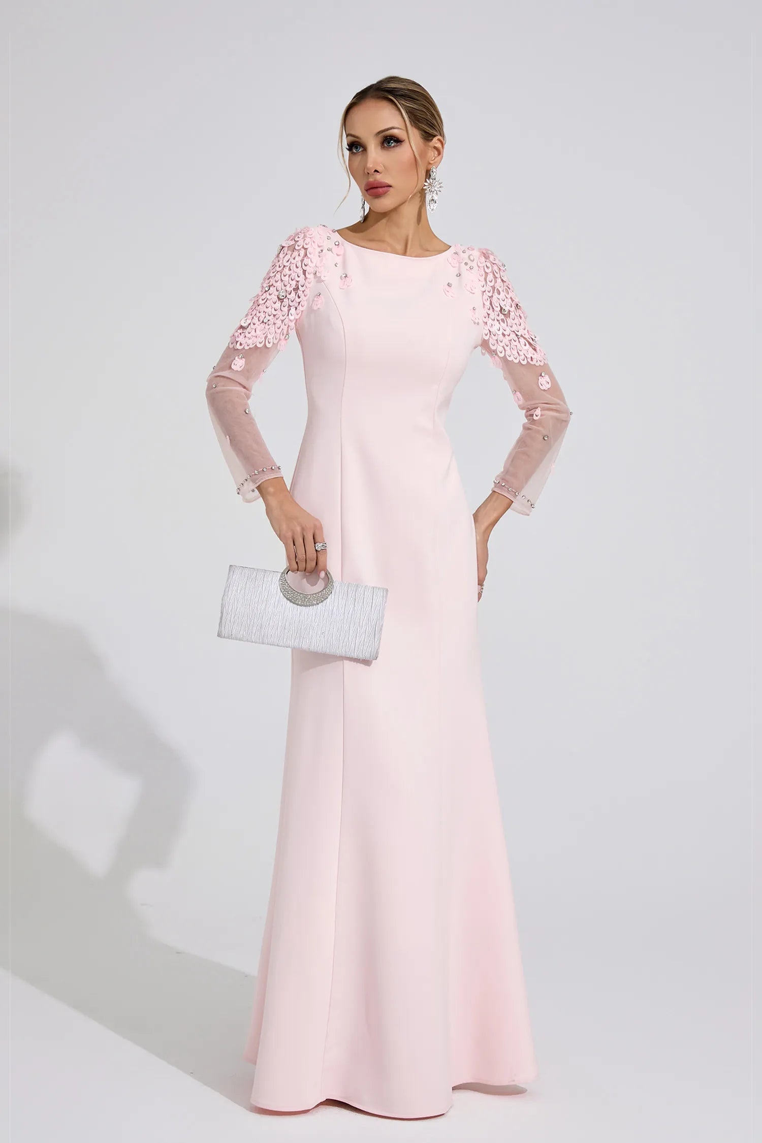 Victoria Pink Sequin Mesh Sleeve Maxi Dress
