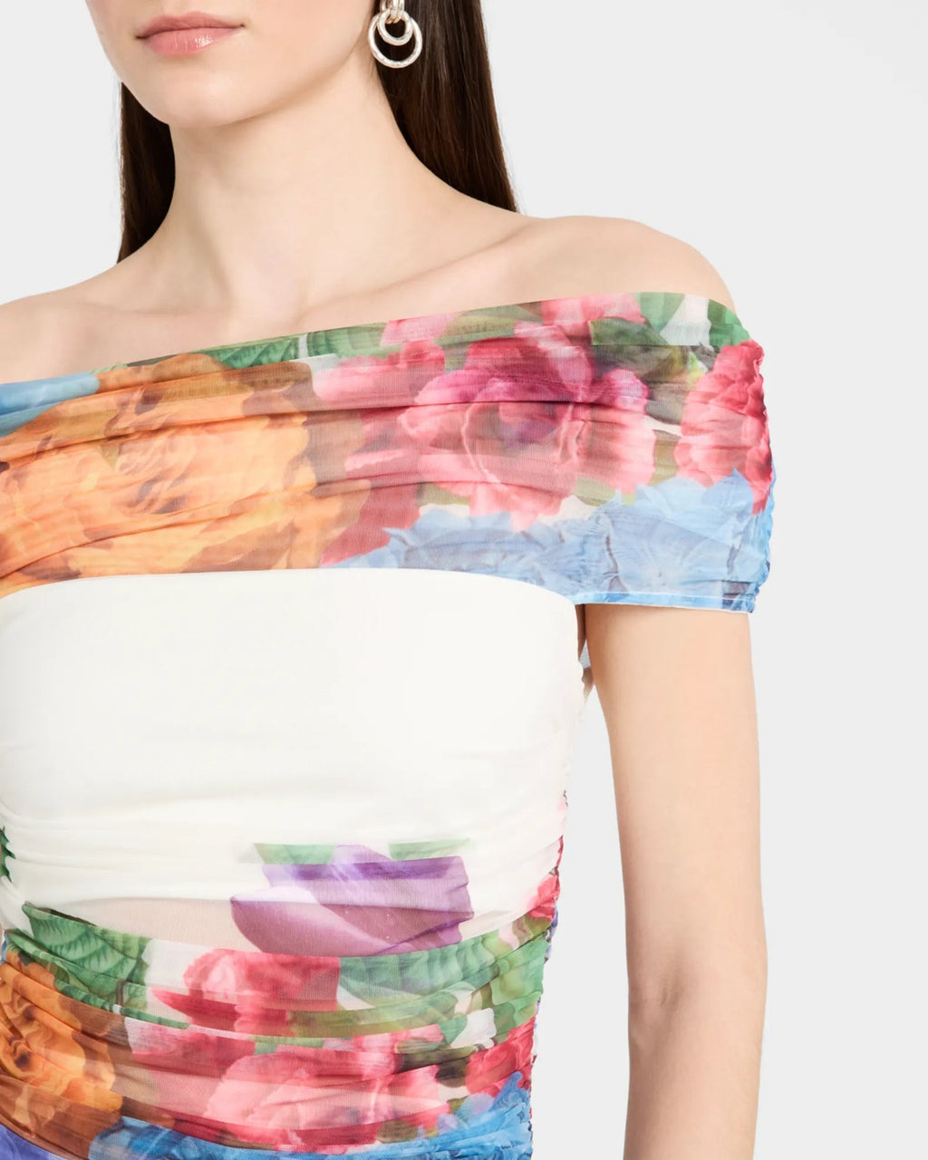 shirley white Off-Shoulder floral print Ruched Top skirt set