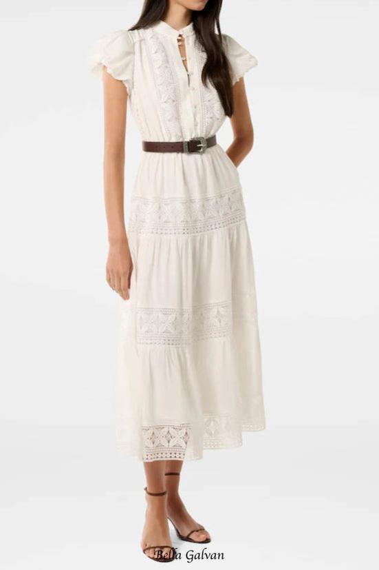 White adelaide lace Belted Trim Midi Dress