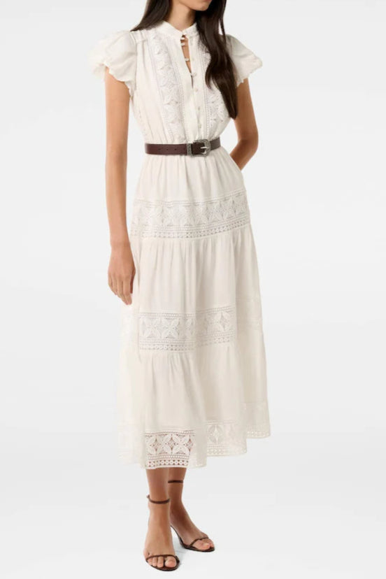 White Adelaide Lace Belted Trim Midi Dress