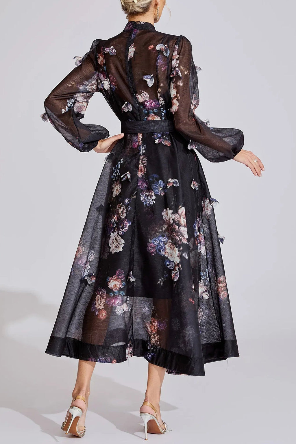 tiffany black floral Printed puff sleeve Maxi Dress