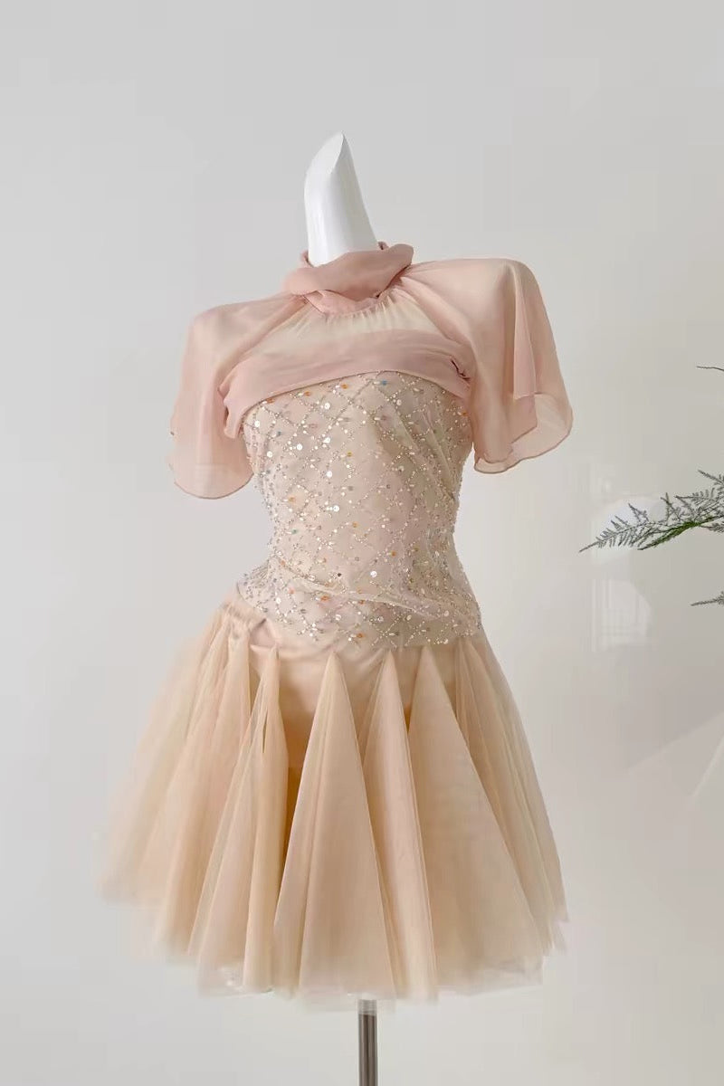 Sheer Mesh Rhinestone High Neck Tulle Mini Dress