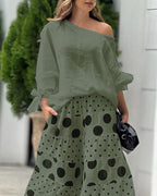 Flowering Girl Women Casual Shoulder Top & Printed Pants Two-Piece Set