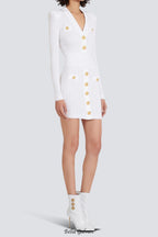 vicky v-neck button-detail ribbed mini dress in white