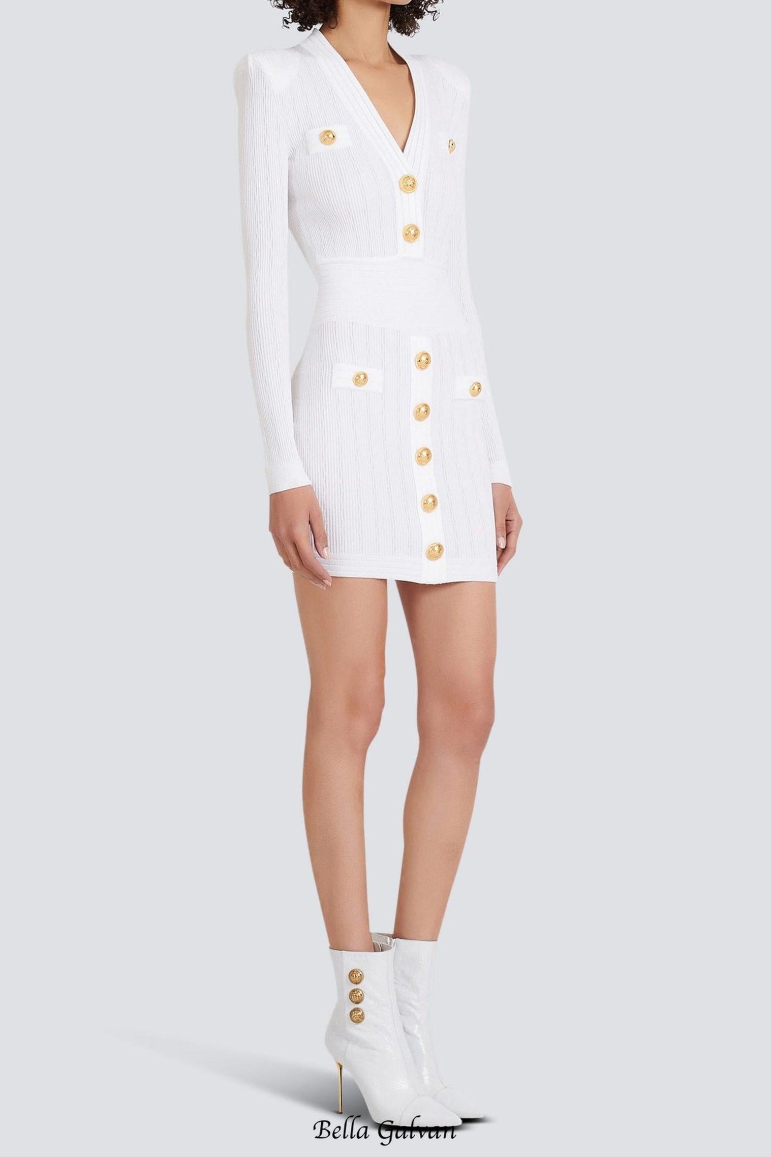 vicky v-neck button-detail ribbed mini dress in white