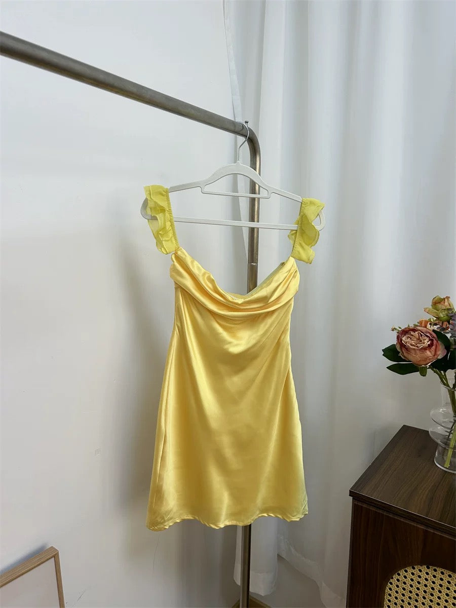 Flowering Girl Women Silvia Yellow Satin Mini Dress