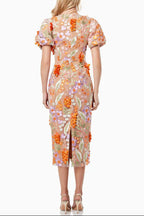 Flowering Girl Women Mesh Embroidered 3D Flower V-Neck Puff Sleeves Midi Dress In Orange