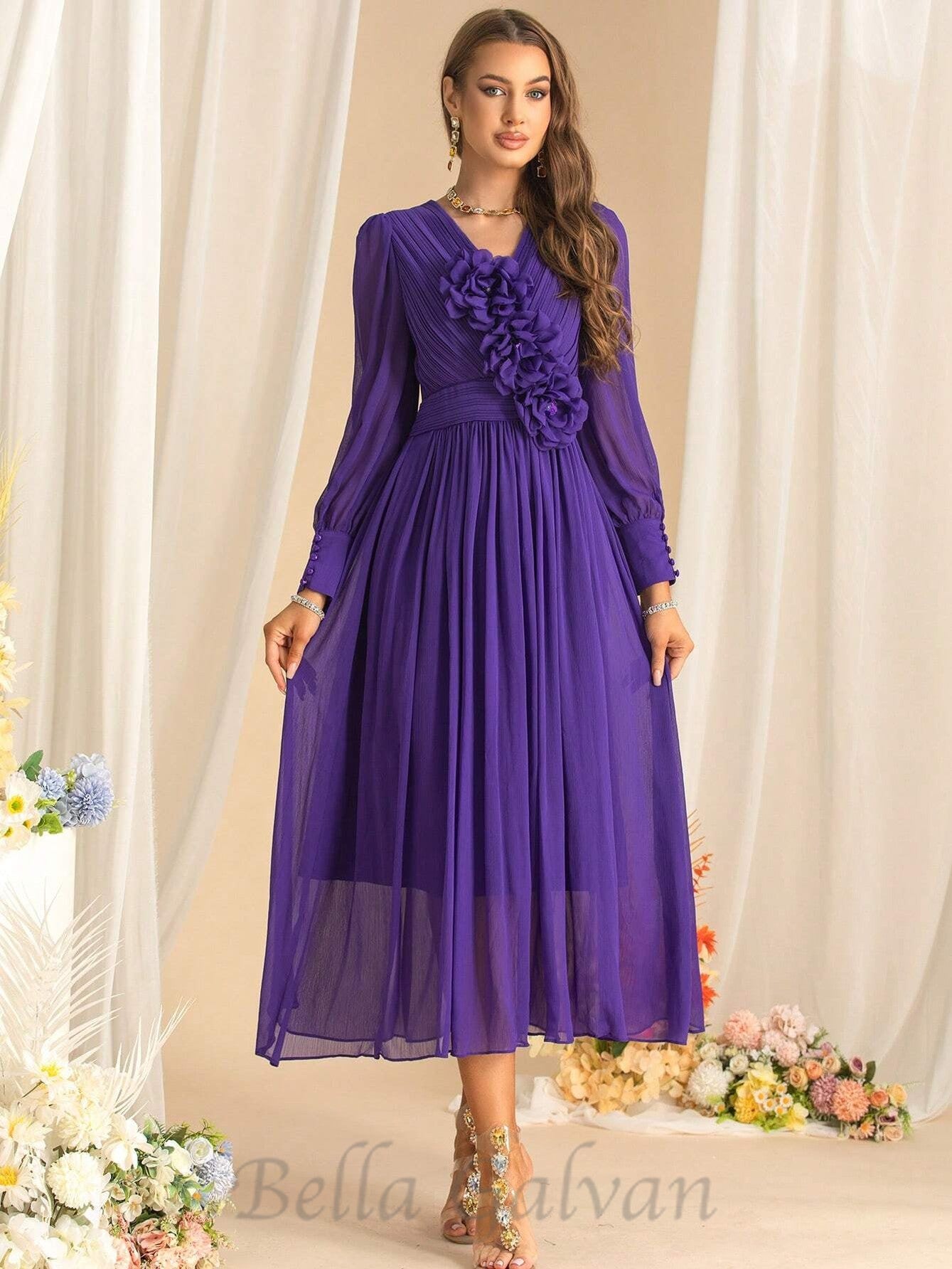 Flowering Girl Women three-dimensional flower v-neck purple chiffon maxi dress