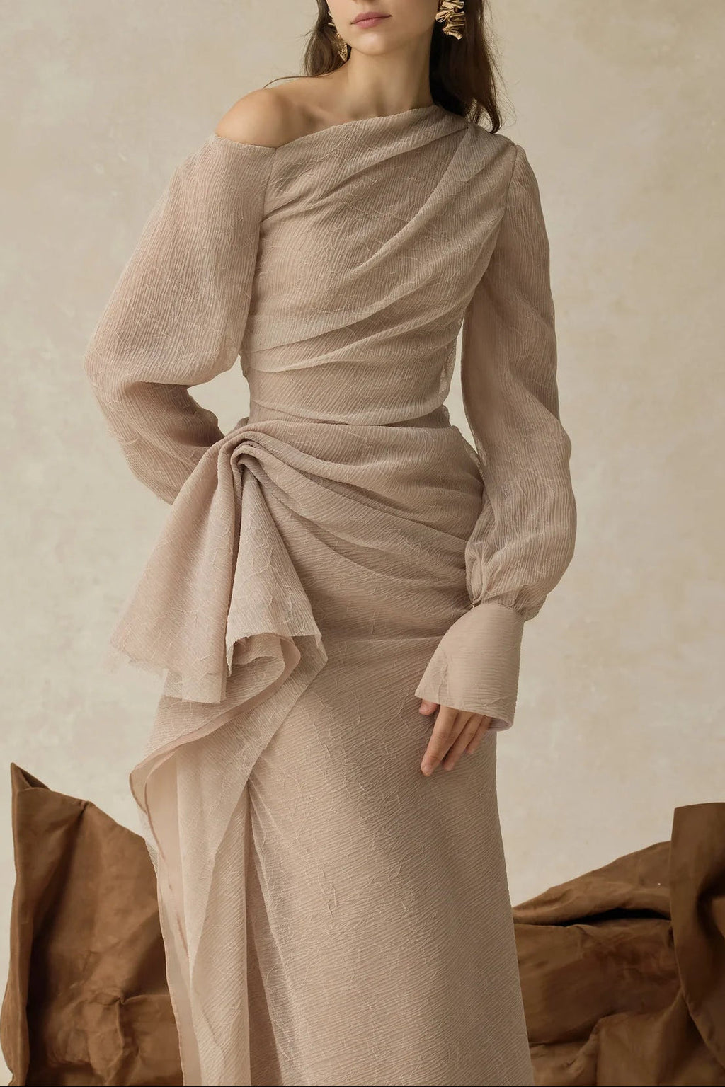 brianna Asymmetric Long Sleeve pleated maxi Dress in beige
