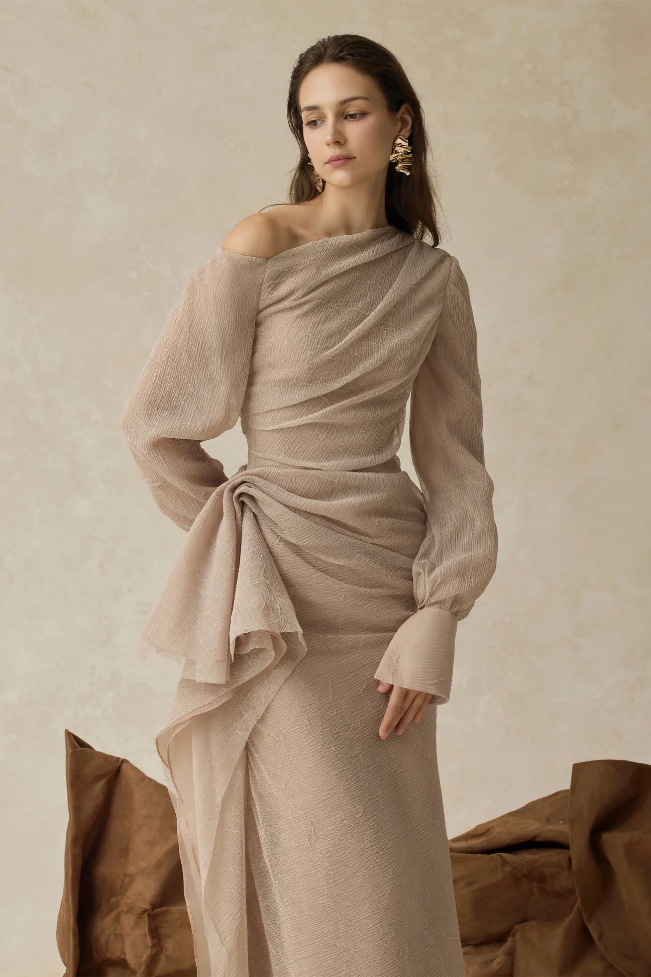 Flowering Girl Women Brianna Asymmetric Long Sleeve Pleated Maxi Dress In Beige