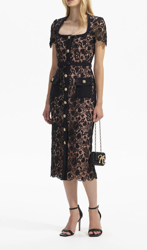 Flowering Girl Women BLACK GUIPURE LACE SHORT SLEEVE MIDI DRESS