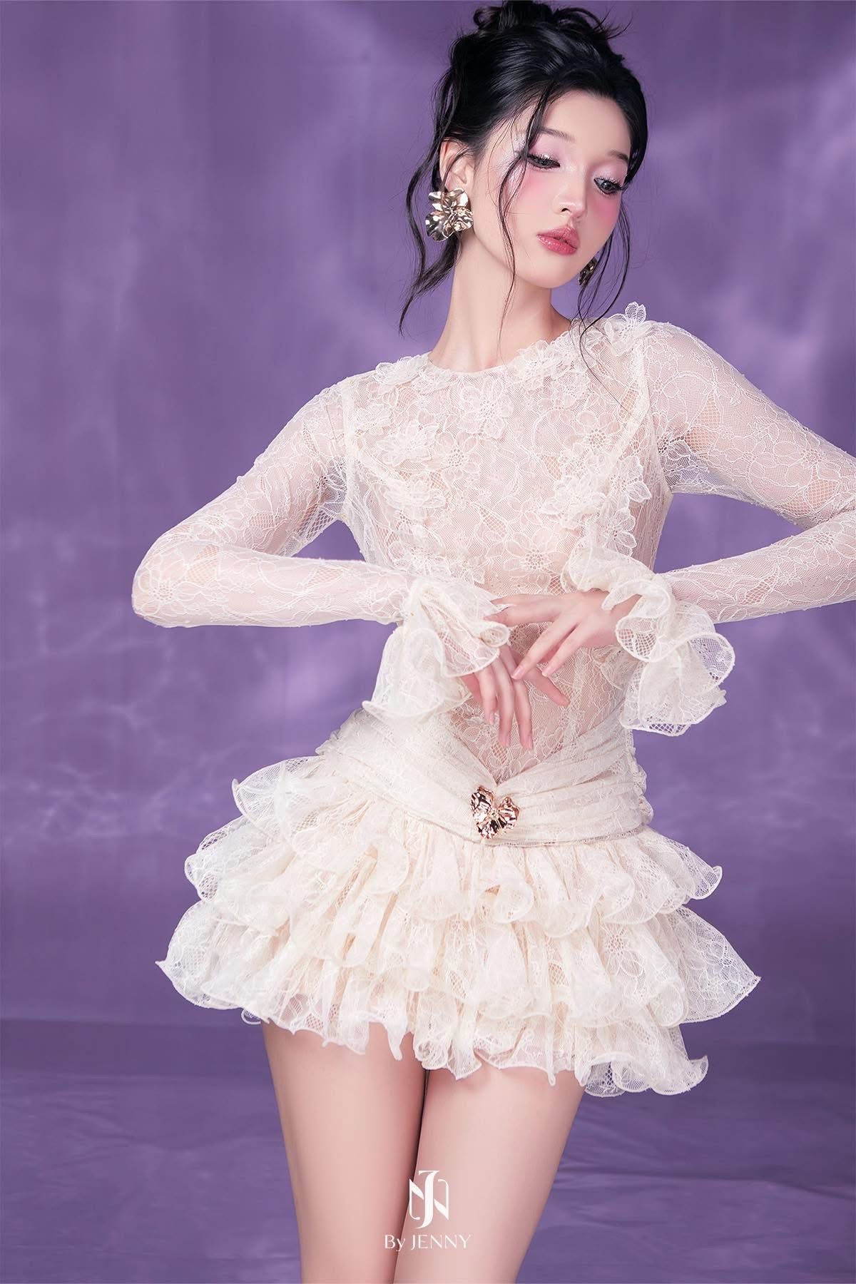 Eudora Lace Embroidery Ruched Trim Mini Dress In White