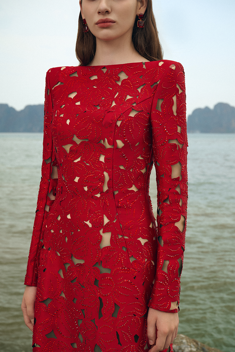 Flowering Girl Women rhinestone boat neck floral hollow lasercut maxi dress - red