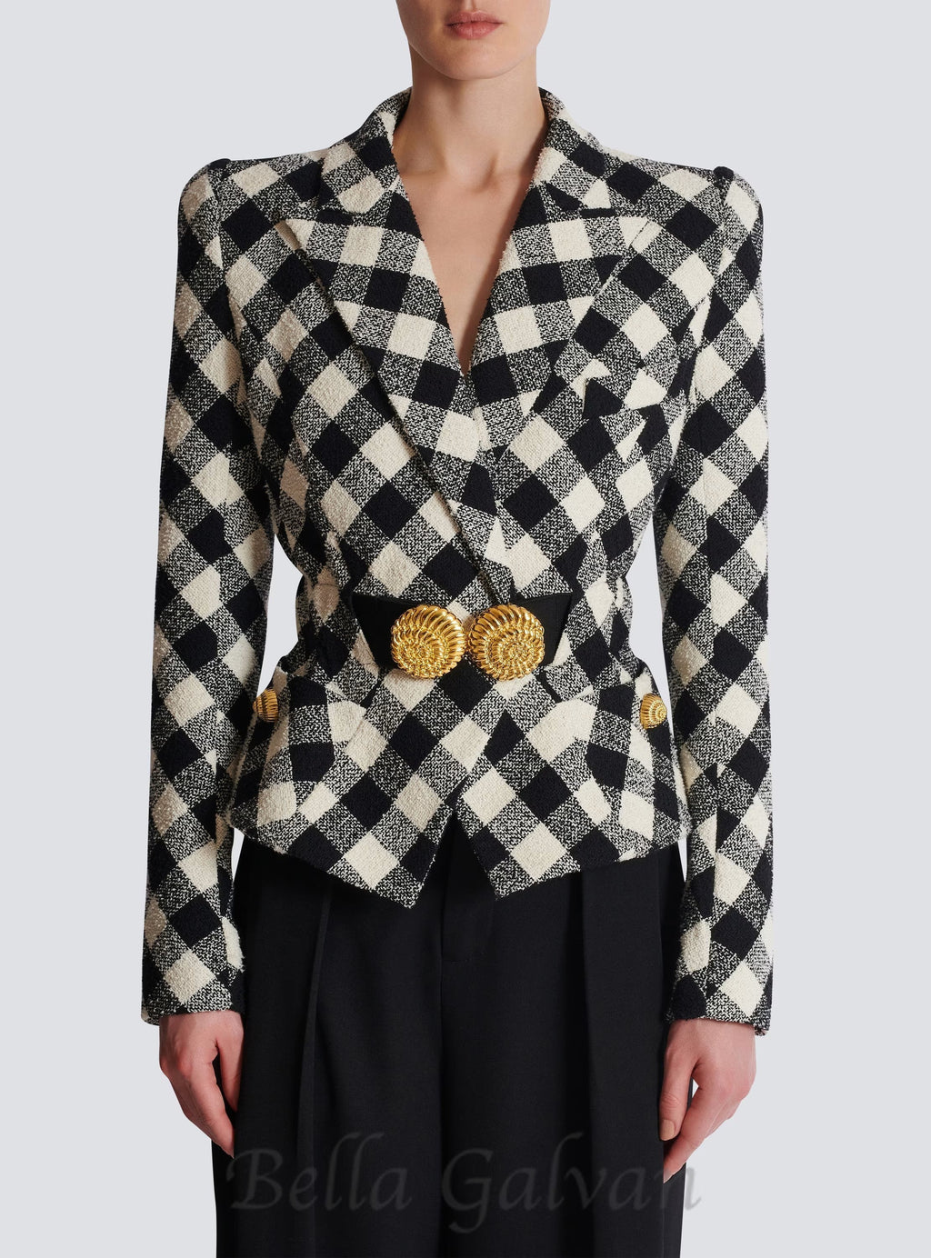 Flowering Girl Women Belted gingham tweed jacket with two Snail buttons