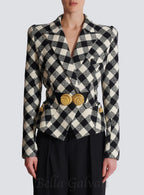 Flowering Girl Women Belted gingham tweed jacket with two Snail buttons