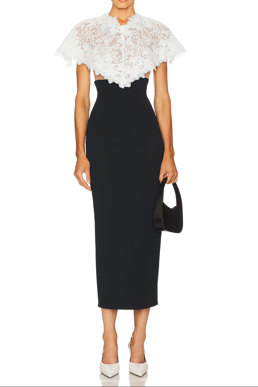 Flowering Girl Women Alice Lace Patchwork Shawl Bodycon Midi Dress In Black