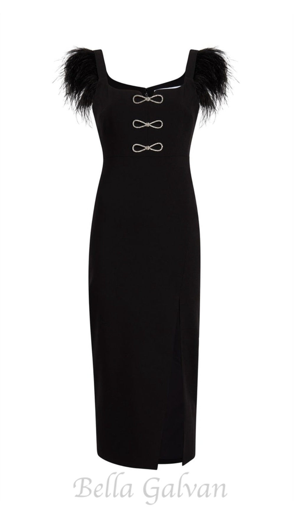 Flowering Girl Women CARI BLACK BOW FEATHER BANDAGE MIDI DRESS