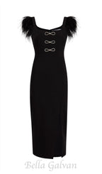 Flowering Girl Women CARI BLACK BOW FEATHER BANDAGE MIDI DRESS