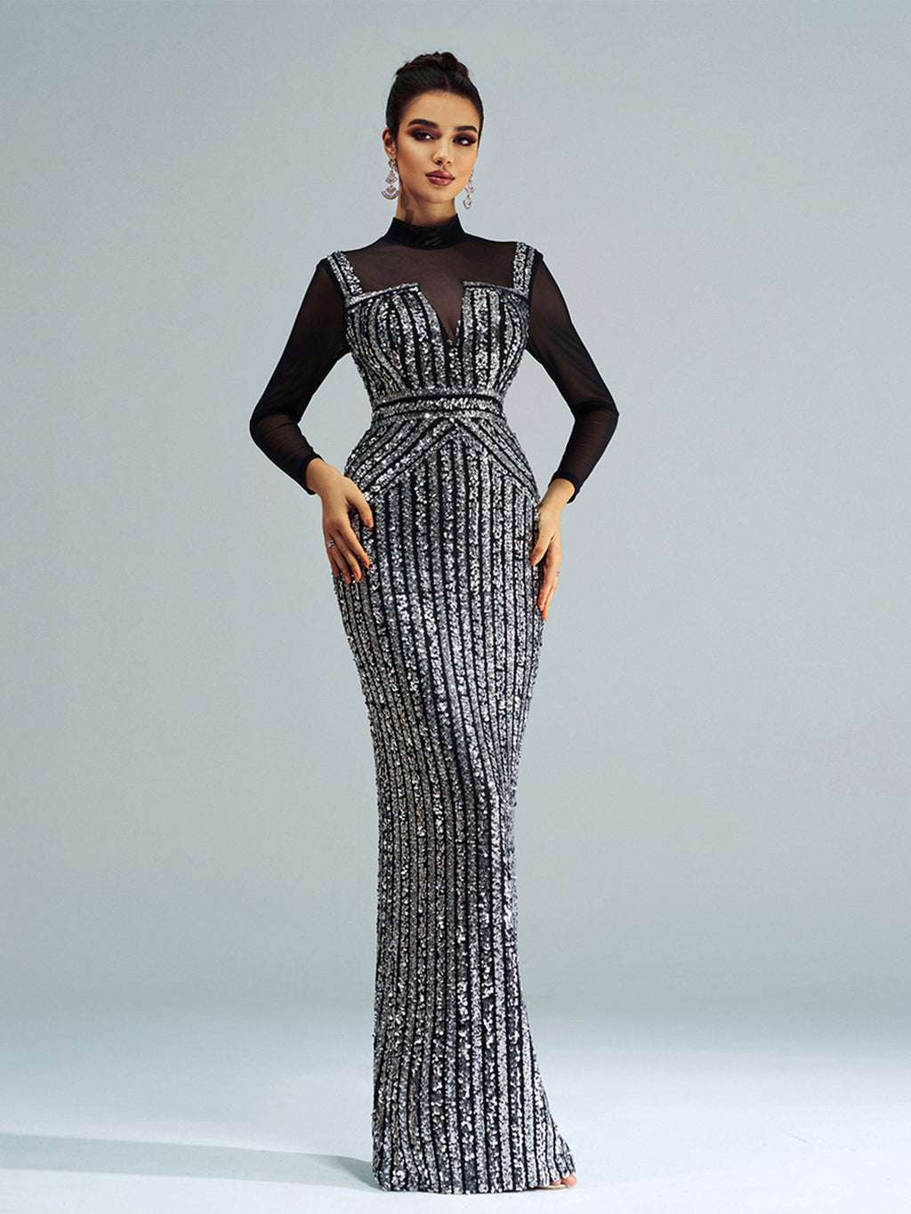 Flowering Girl Women Stand Collar Sequin Panel Long Sleeve Prom Dress