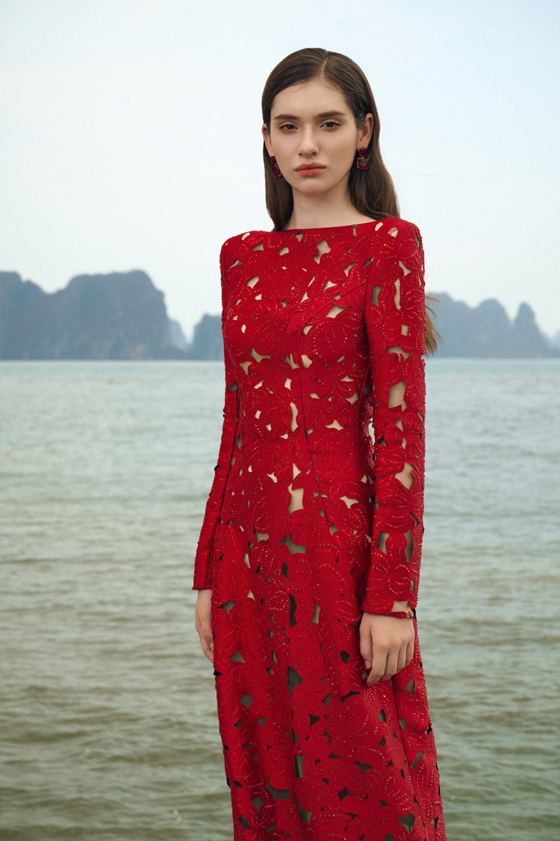 Flowering Girl Women rhinestone boat neck floral hollow lasercut maxi dress - red