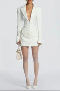 amelia v-neck ruched Blazer Mini Dress in white