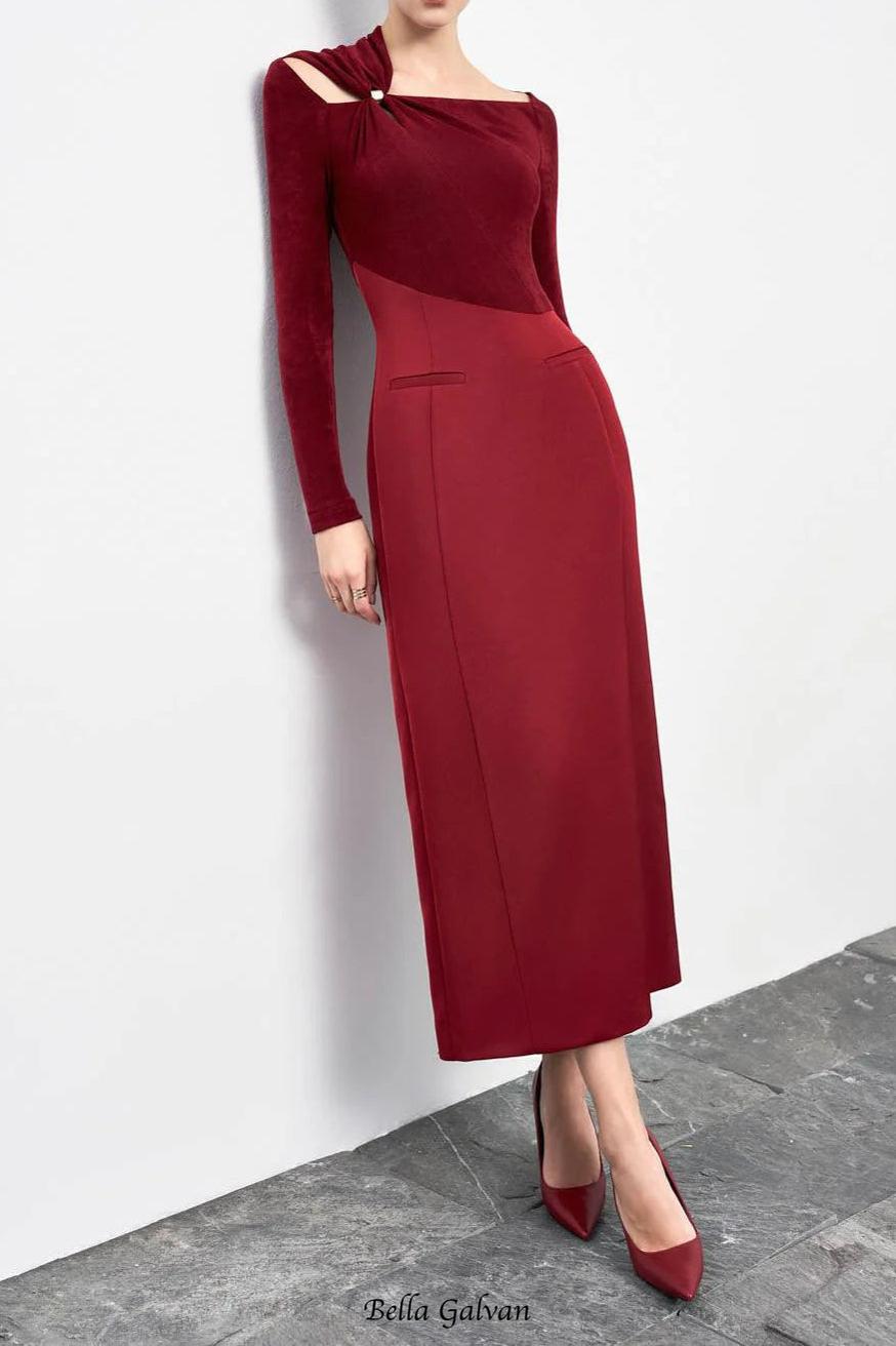 Flowering Girl Women Eleanor Sheath Asymmetric Neck Taffeta Midi Dress in red