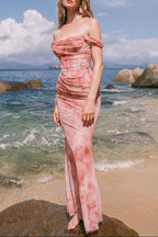 sylvia pink Off-shoulder Pleated Gradient-dyed maxi Dress