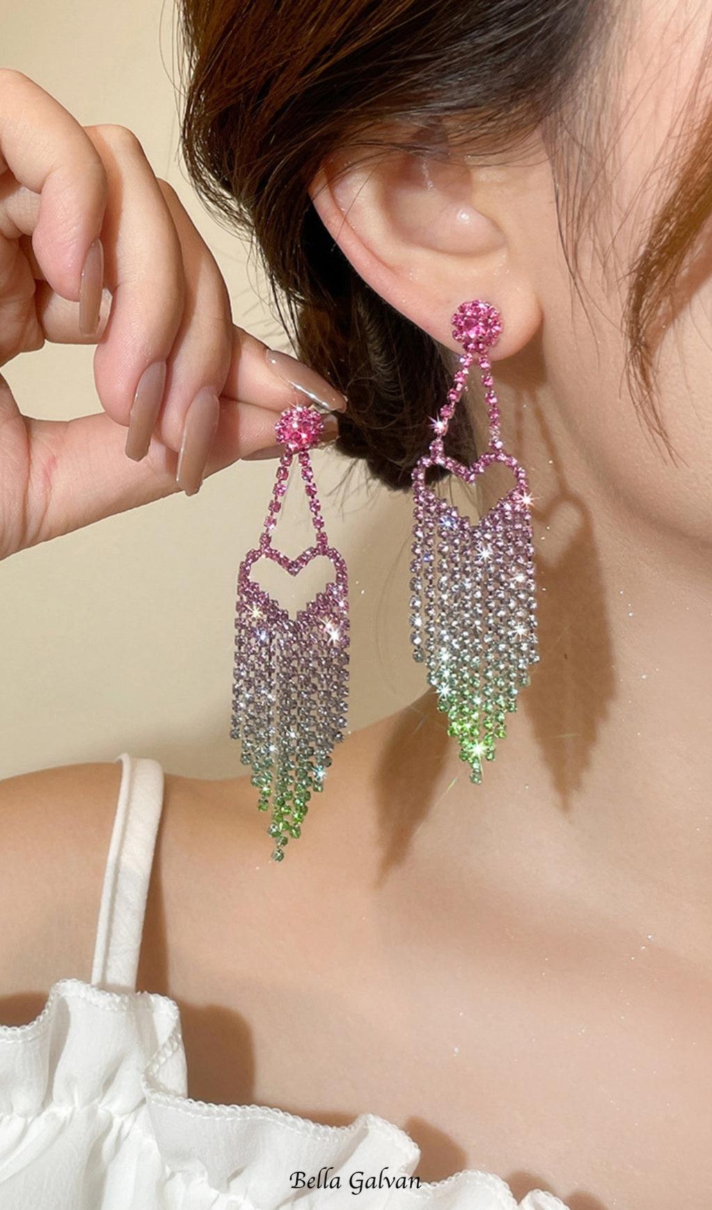 Flowering Girl Women Demetra Rhinestone Heart Tassel Earrings