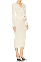 caroline Asymmetric Knit Midi Dress in beige