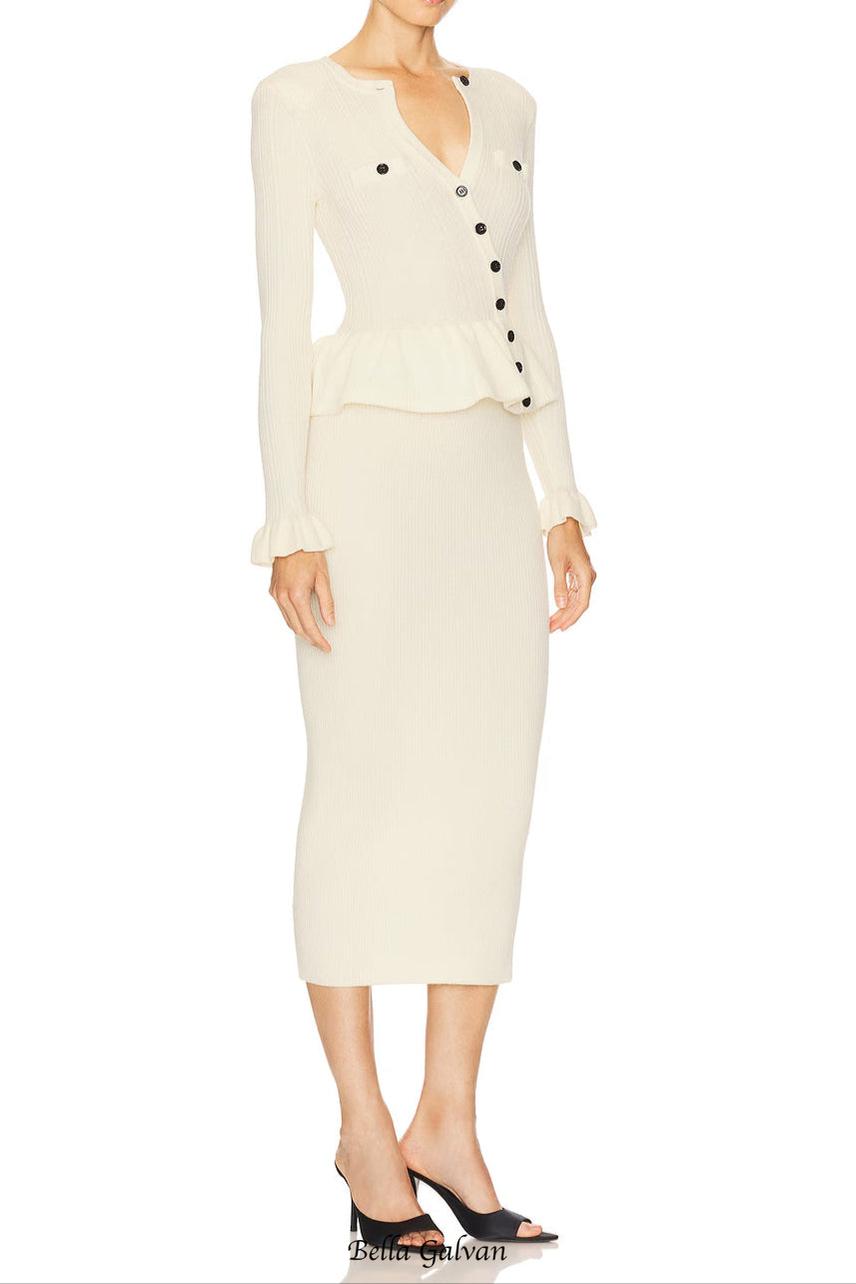 caroline Asymmetric Knit Midi Dress in beige