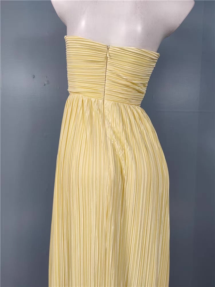 Flowering Girl Women Strapless Pleated Maxi Dress Lemon