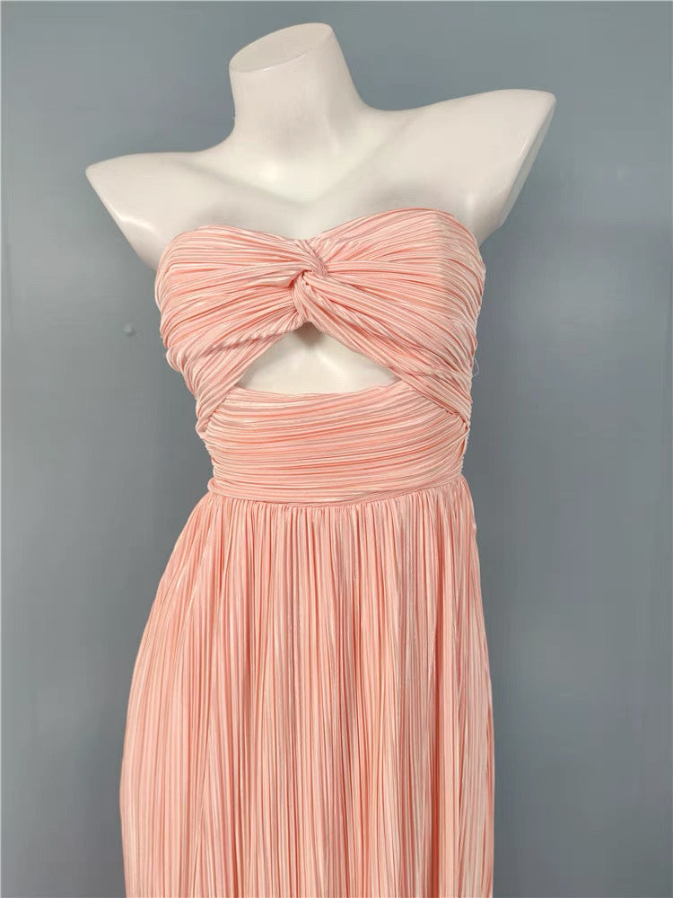 Strapless Pleated Maxi Dress Pink