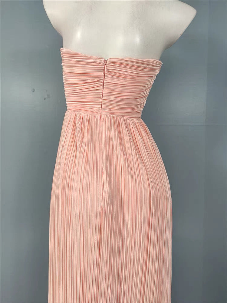 Flowering Girl Women Strapless Pleated Maxi Dress Pink