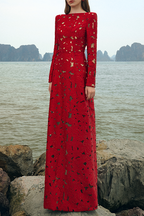 Flowering Girl Women rhinestone boat neck floral hollow lasercut maxi dress - red