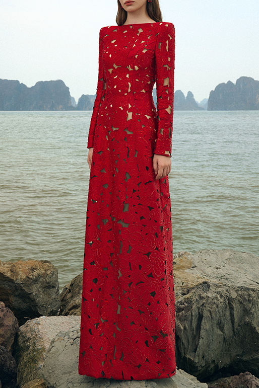 Flowering Girl Women rhinestone boat neck floral hollow lasercut maxi dress - red