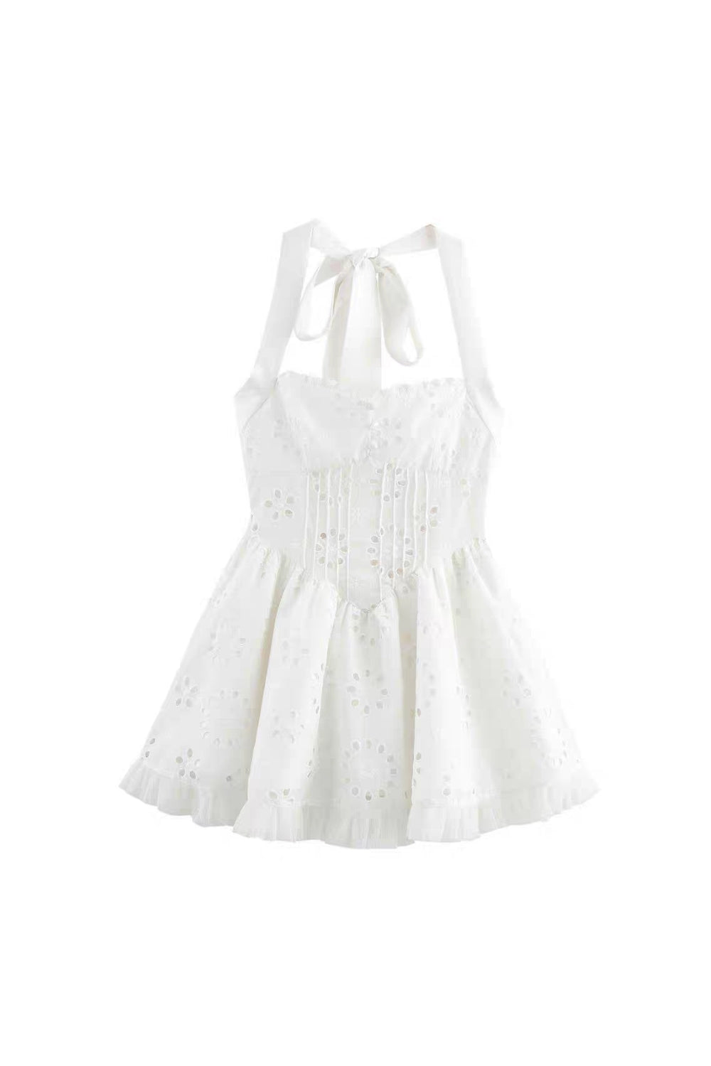 halter embroidered hollow mini dress in white