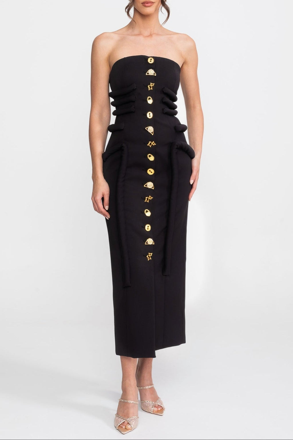 Flowering Girl Women Black Midi Dress With Sculptural Knotted Bodice Detail And Jewel Buttons - Black