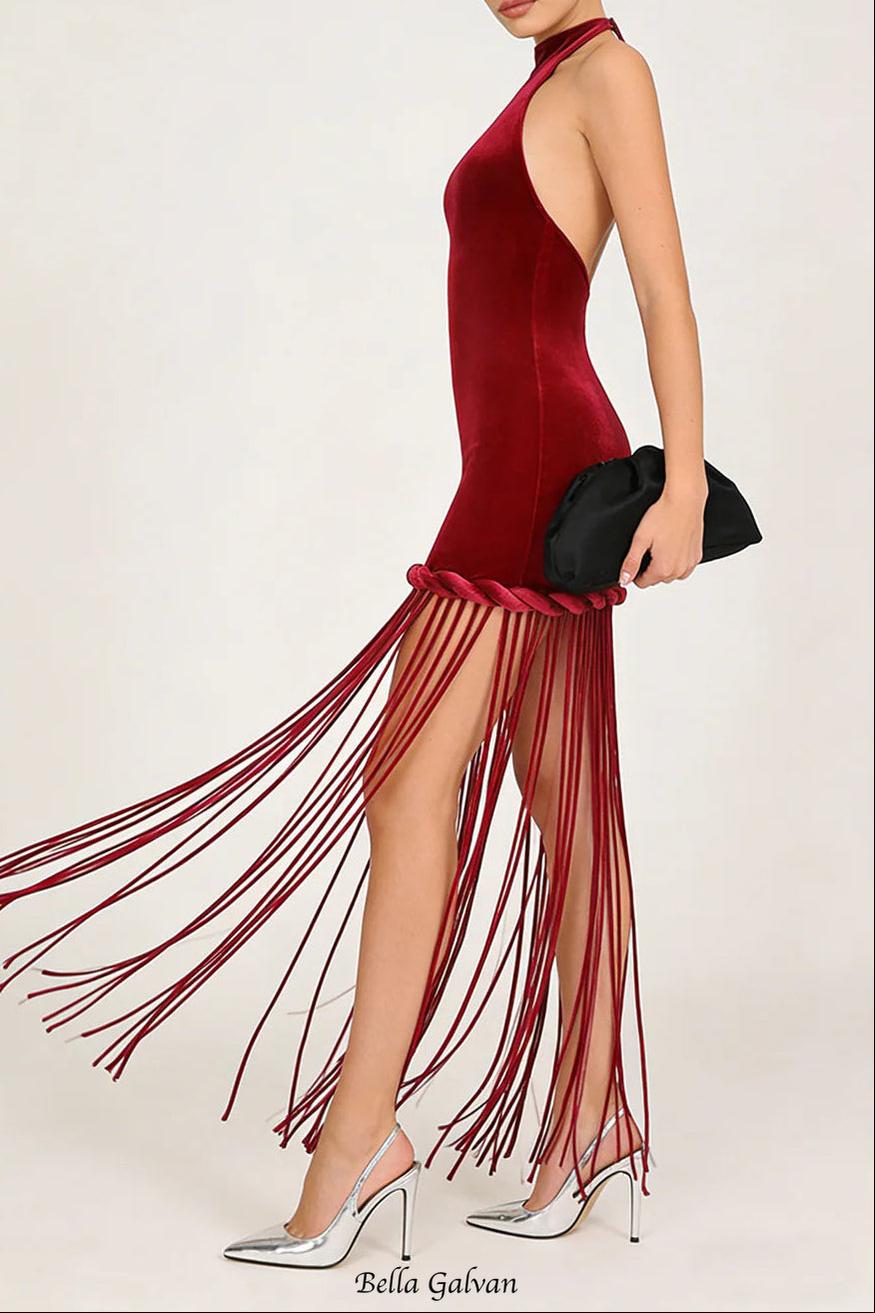 michaelia halterneck Fringe Velvet Dress in Burgundy