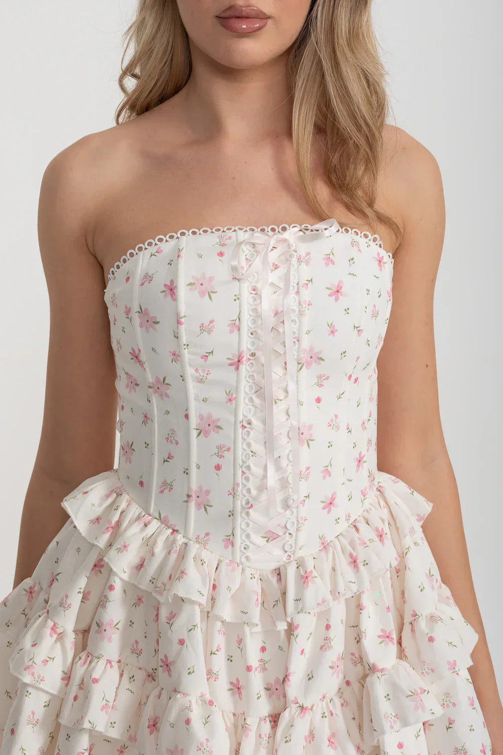 martha Ruffle printed strapless Mini Dress in pink