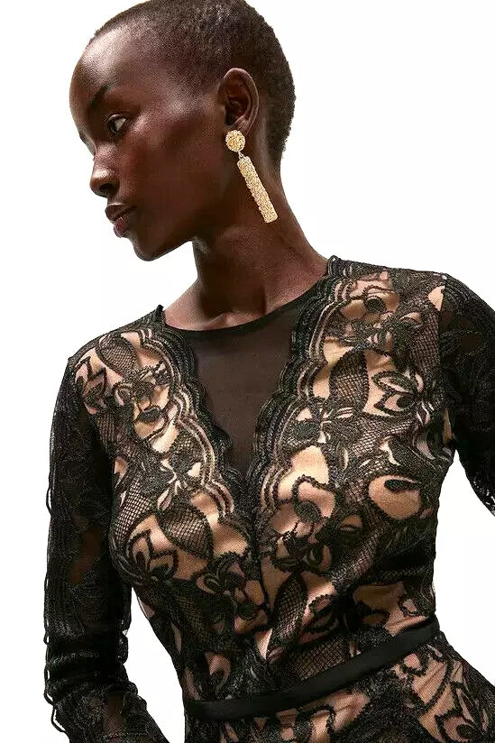 Flowering Girl Women black tulle ruffle hem embroidered lace mini dress