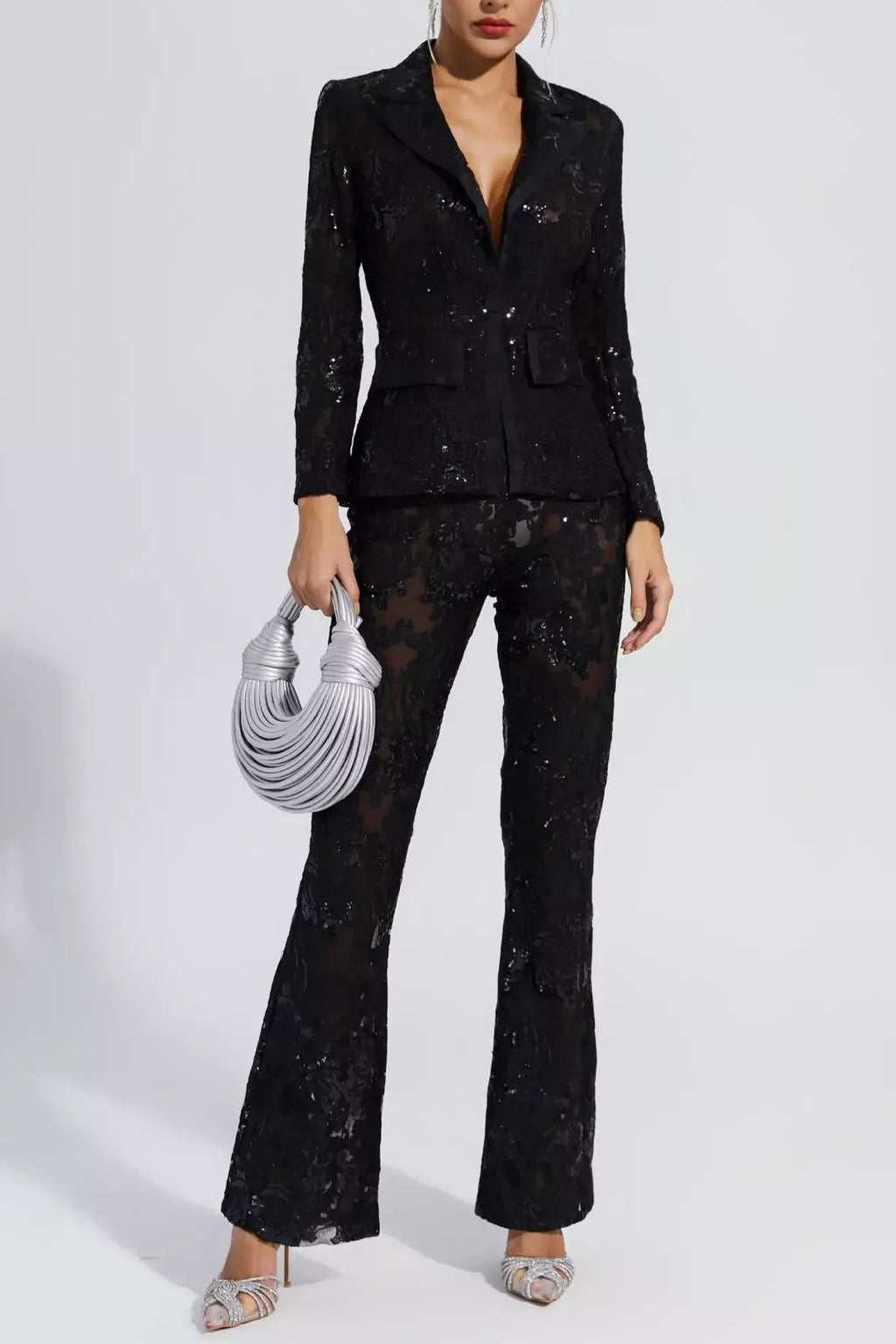 Vicky Black Cutout Floral Embroidered Sequin Blazer Set