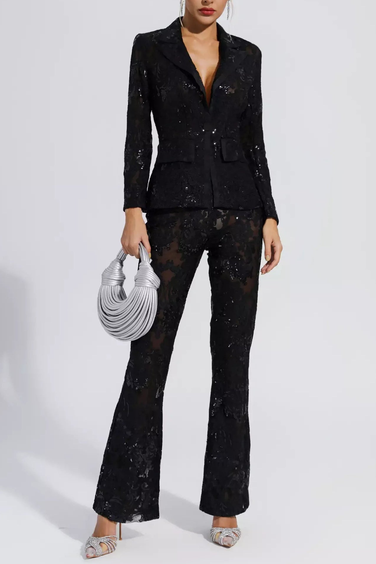 Vicky Black Cutout Floral Embroidered Sequin Blazer Set