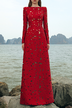 Flowering Girl Women rhinestone boat neck floral hollow lasercut maxi dress - red
