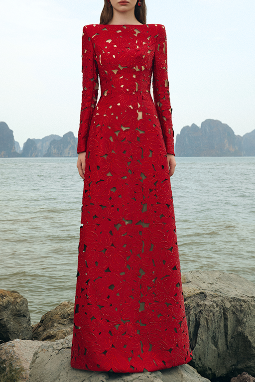 Flowering Girl Women rhinestone boat neck floral hollow lasercut maxi dress - red