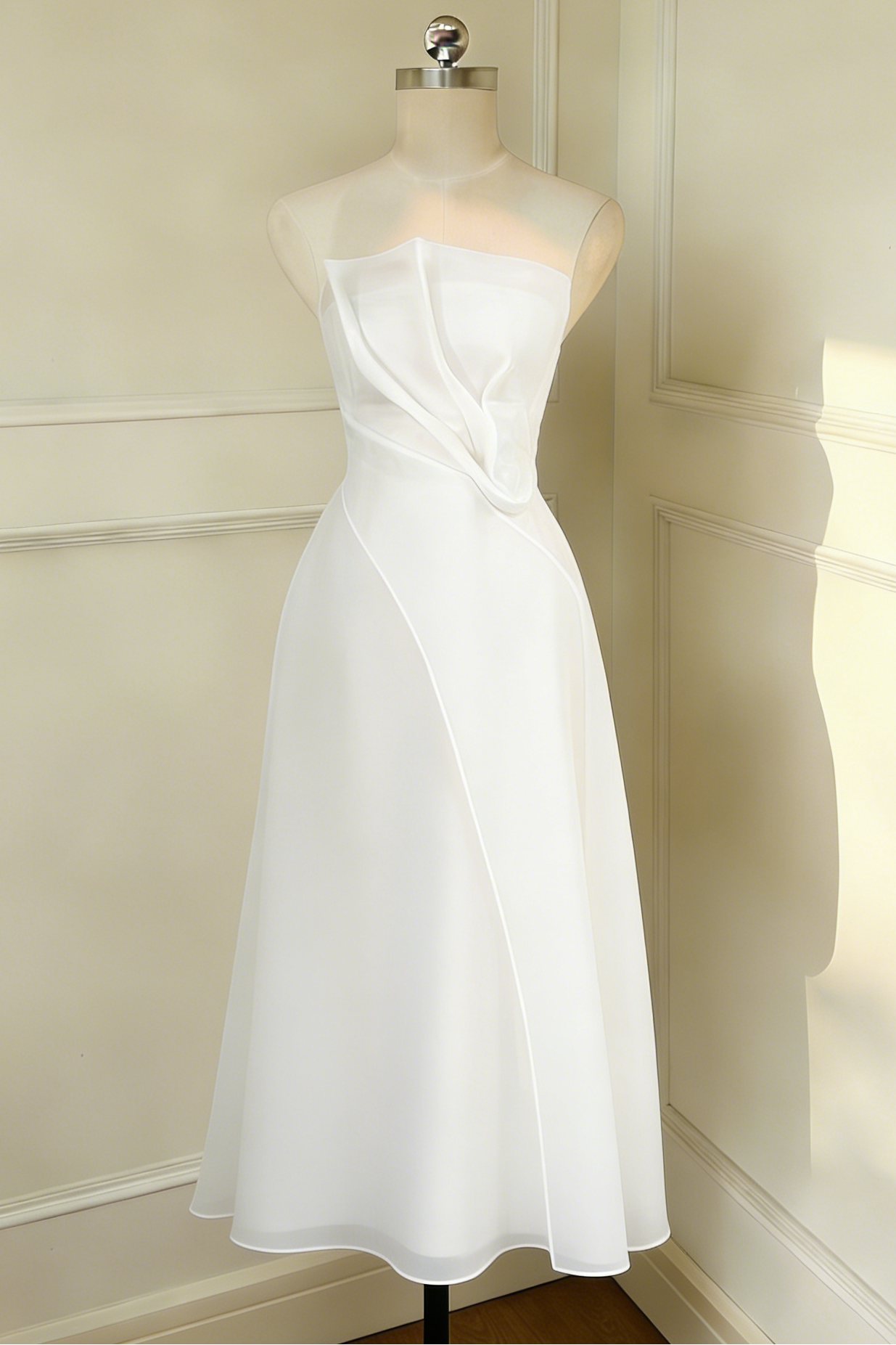 Strapless Layered Organza Midi Dress In White
