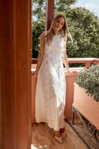 Flowering Girl Women Lace Trim Embroidery Hollow Midi Dress In White