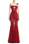 Jamie 3D Floral Halter-Neck Fishbone Mesh Hollow Maxi Dress