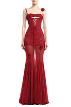 Jamie 3D Floral Halter-Neck Fishbone Mesh Hollow Maxi Dress