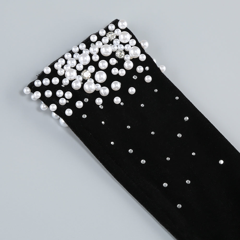 Flowering Girl Women embroidered with white pearls maxi dress in black