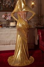 Flowering Girl Women Long Sleeve Hooded Ruched Maxi Dress In Gold